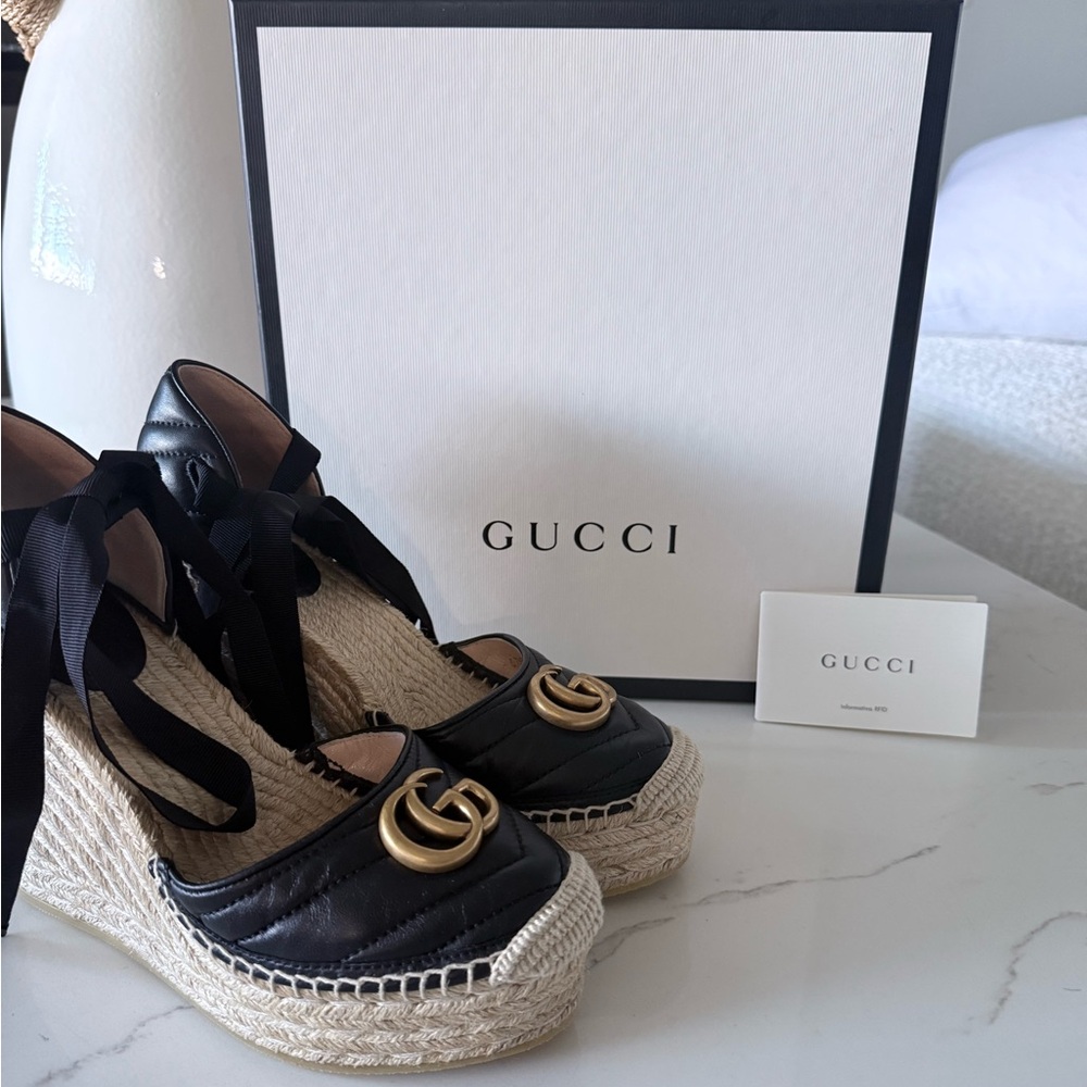 Gucci Black Quilted Leather Espadrille Wedges with Gold GG